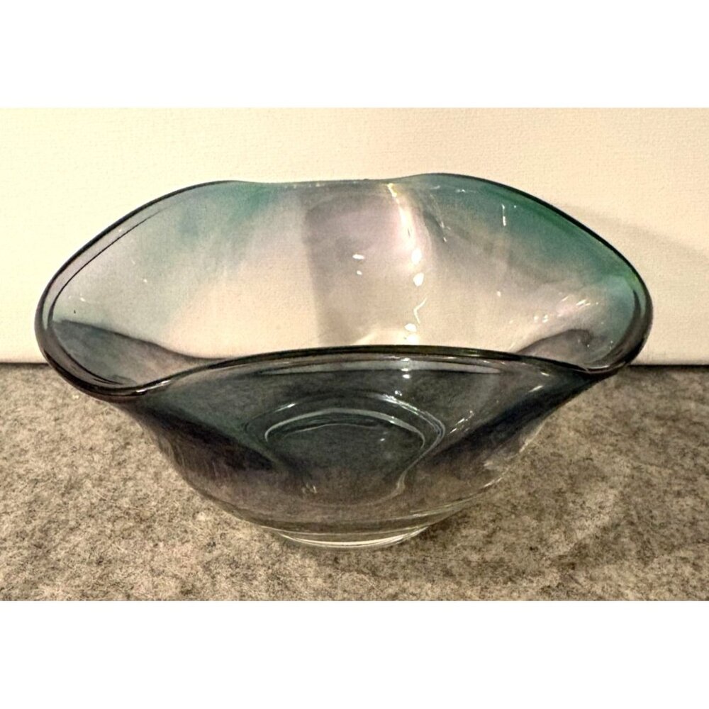 Small Teal Iridescent Triangular Glass Bowl  5" x 3" Tall  #3314